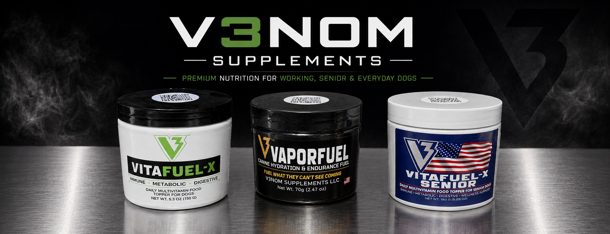 V3NOM Supplements lineup: VitaFuel-X Daily, VaporFuel, and VitaFuel-X Senior